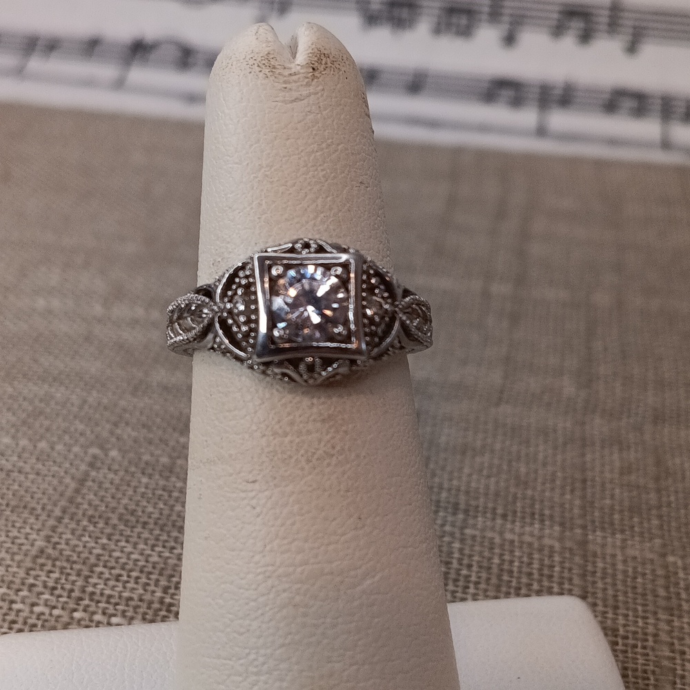 Vintage Style Sterling Silver Square Top Round Crystal Ring Size 5